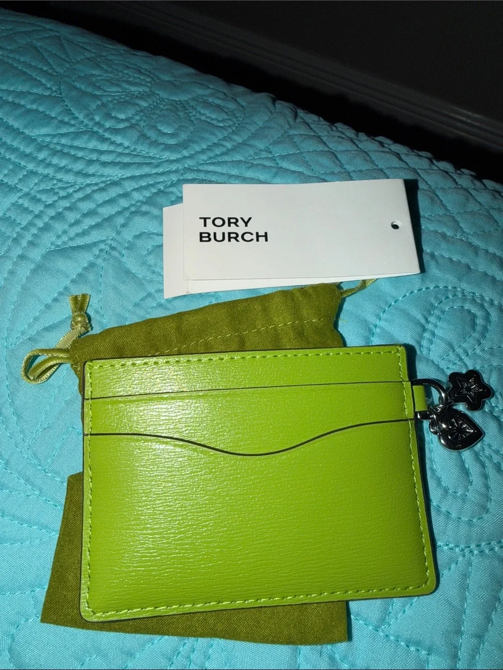 Tory Burch Chartreuse Leather Card Case with Logo Charm